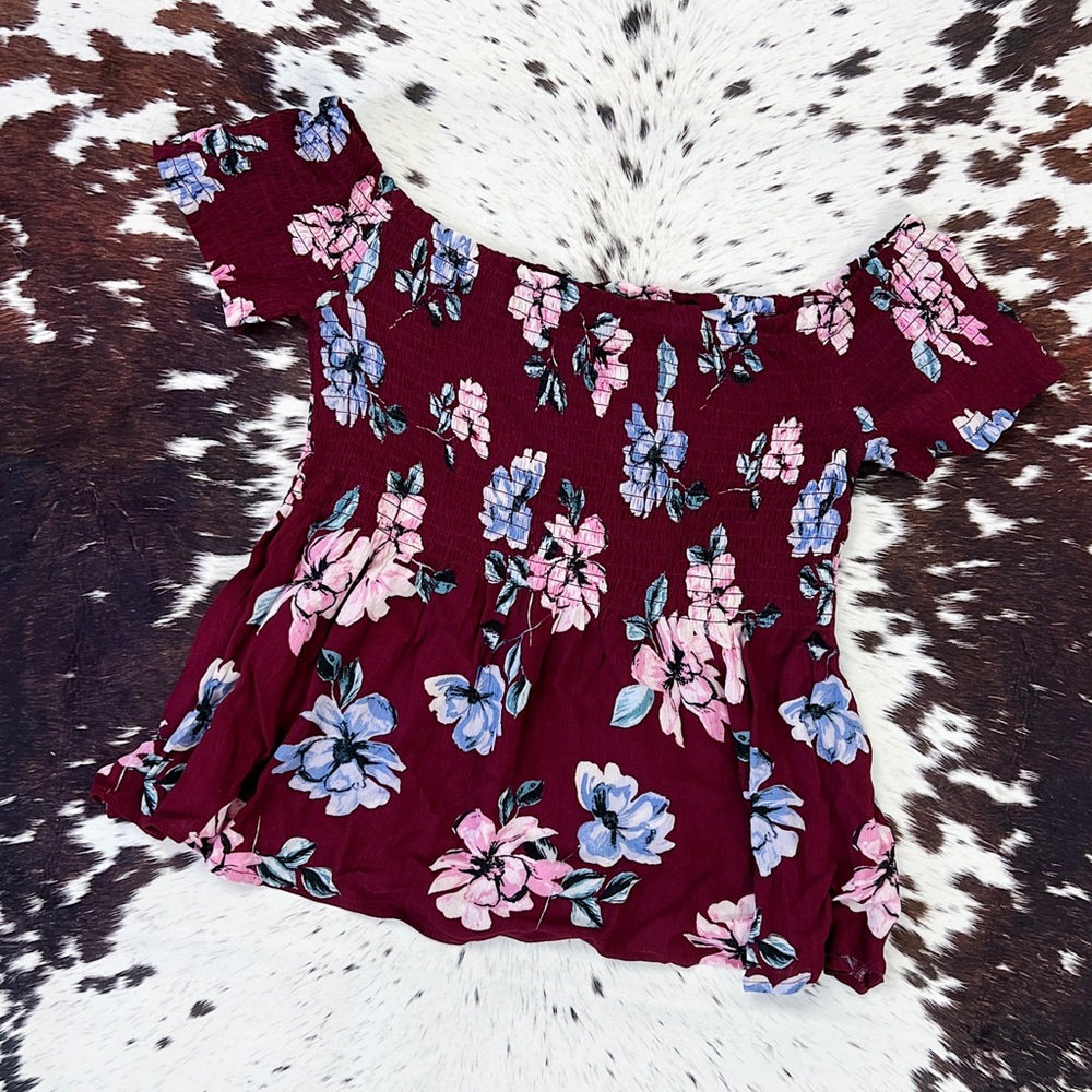 Kendall & Kylie Purple Floral Off the Shoulder Top - Picture 1 of 8